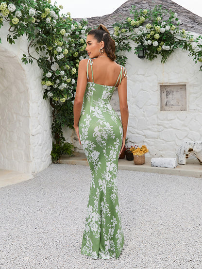 Charmante bloemenprint feestjurk met elegante strik-schouderband en fishtail zoom