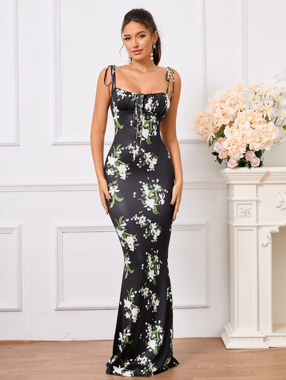 Charmante bloemenprint feestjurk met elegante strik-schouderband en fishtail zoom