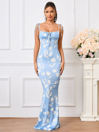 Charmante bloemenprint feestjurk met elegante strik-schouderband en fishtail zoom