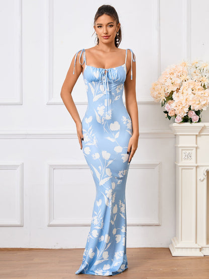 Charmante bloemenprint feestjurk met elegante strik-schouderband en fishtail zoom