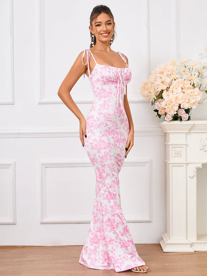 Charmante bloemenprint feestjurk met elegante strik-schouderband en fishtail zoom