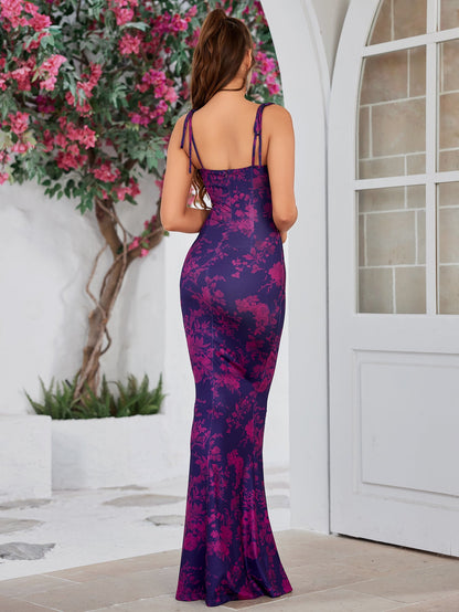 Charmante bloemenprint feestjurk met elegante strik-schouderband en fishtail zoom