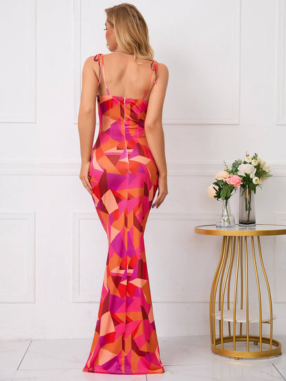 Charmante bloemenprint feestjurk met elegante strik-schouderband en fishtail zoom